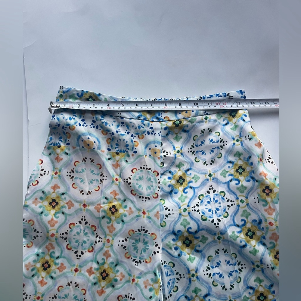 ZARA Patchwork Print Palazzo Pants — Satin Wide Leg High Waist | Size Small - Picture 4 of 6
